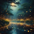 Fireflies buzz around a moonlit pond Royalty Free Stock Photo