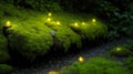 Fireflies casting a soft glow on a moss-covered stone wall.