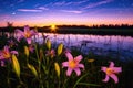 fireflies clustering around a blooming lily at sunset