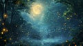 A of fireflies dances around the moons ethereal light creating a magical scene of ling lights in the darkness of the Royalty Free Stock Photo
