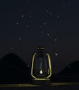 Fireflies fly around the oil lamp