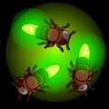 Fireflies on green light. Insects emitting glow, living bulbs. Image in cartoon style for games and other design needs Royalty Free Stock Photo