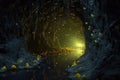 fireflies illuminating a dark, eerie swamp cave entrance