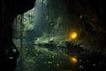 fireflies illuminating a dark, eerie swamp cave entrance