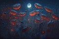 Fireflies landing on wild poppies in moonlight. Generative AI