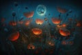 Fireflies landing on wild poppies in moonlight. Generative AI