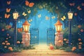 fireflies leading to a secret garden gate after sunset Royalty Free Stock Photo