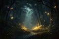 Fireflies night forest light. Generate Ai