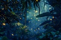 Fireflies in tropical forest with green leaves at night Royalty Free Stock Photo