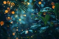 Fireflies in tropical forest with green leaves at night Royalty Free Stock Photo