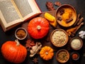 Autumn-themed arrangement featuring a variety of ingredients and items on a dark background.THANKSGIVING AI Royalty Free Stock Photo