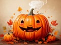 A carved pumpkin with a smiling face emits smoke, suggesting a candle lit inside. AI Royalty Free Stock Photo