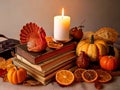 Autumn-themed setting with a stack of vintage books topped by a ceramic turkey figure. THANKSGIVING AI Royalty Free Stock Photo