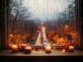 Cozy interior view from a window showing a rain-soaked cityscape with blurred lights. THANKSGIVING AI Royalty Free Stock Photo