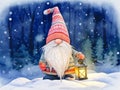 A whimsical gnome stands on snow, surrounded by a winter forest.AI Royalty Free Stock Photo