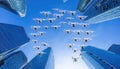 Firefly drone group creating new formation in the sky showcasing mass monitoring technology among tall buildings
