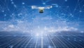 Firefly drone soaring over solar panels with interconnected lines representing data collection