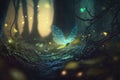 Firefly flying in the night woodland in an ethereal, abstract image. Fairy tale idea