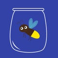 Firefly jar. Beetle bug. Insect animal. Cartoon kawaii funny smiling baby character. Brown color. Shining yellow light bulb. Blue Royalty Free Stock Photo