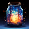 Firefly jar with a night dreamy dusk forest ambience inside of it Generative AI Royalty Free Stock Photo