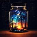 Firefly jar with a night dreamy dusk forest ambience inside of it Generative AI Royalty Free Stock Photo