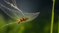 A firefly perched on a dew-covered spider web.
