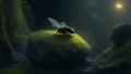 A firefly perched on a mossy rock, surrounded by darkness