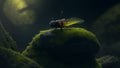 A firefly perched on a mossy rock, surrounded by darkness