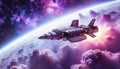 Cosmic journey of a firefly spacecraft soaring through vibrant interstellar clouds in the vastness of space at twilight