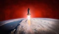 Firefly spacecraft entering the atmosphere of another planet under a crimson sky with vibrant trails of propulsion
