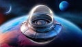 Firefly spacecraft with transparent domes exploring distant planets in a cosmic setting