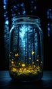 fireflys and a forest in a jar sitting on a table Royalty Free Stock Photo