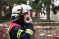 Fireman in action and spark with radios set Royalty Free Stock Photo