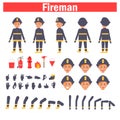 Fireman for animation. Poses front, rear, side, three quarter. Creation set. Collection of emotions. Vector. Cartoon