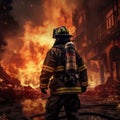 Fireman back view. Huge flames of fire at the background. Firefighter scene Royalty Free Stock Photo