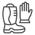 Fireman boots and gloves line icon. Fire protection equipment outline style pictogram on white background. Firefighting