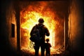 Fireman carrying child while exiting burning building, seen from behind Royalty Free Stock Photo