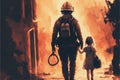 Fireman carrying a girl amidst a burning structure