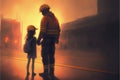 Fireman carrying a girl amidst a burning structure