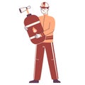 Fireman carrying huge fire extinguisher. Emergency service worker wearing hard hat and professional uniform flat vector