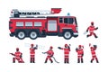 Fireman. Cartoon fire engine and firefighters. Professional rescuers extinguish flame using hose and ladder. Male