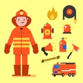 Fireman character design with fireman icons set. Fireman elements for info graphic. Vector illustration