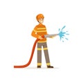 Fireman character holding hose extinguishing fire with water, firefighter at work vector illustration Royalty Free Stock Photo