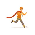 Fireman character running with water hose, firefighter at work vector illustration