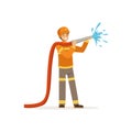 Fireman character spraying water using hose, firefighter at work vector illustration Royalty Free Stock Photo