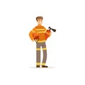 Fireman character in uniform holding extinguisher, firefighter at work vector illustration