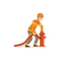 Fireman character in uniform and protective helmet connecting water hose to fire hydrant, firefighter at work vector Royalty Free Stock Photo