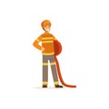 Fireman character in uniform and protective helmet holding roll of water hose, firefighter at work vector illustration