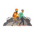 Fireman character in uniform and protective helmet rescuing a man, firefighter at work vector illustration