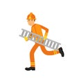 Fireman character in uniform and protective helmet, running with ladder